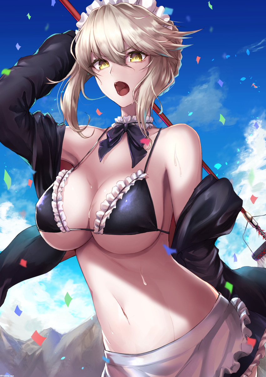 absurdres alternate_breast_size apron arm_behind_back arm_up armpits artoria_pendragon_(all) artoria_pendragon_(swimsuit_rider_alter) artoria_pendragon_(swimsuit_rider_alter)_(cosplay) bangs bare_shoulders bikini black_bikini black_hoodie black_ribbon black_skirt blue_sky blush braid breasts broom choker cleavage cloud commentary_request confetti cosplay day eyebrows_visible_through_hair fate/grand_order fate_(series) french_braid frilled_bikini frilled_choker frilled_skirt frills groin hair_between_eyes highres holding holding_broom hood hood_down hoodie long_sleeves looking_at_viewer maid_bikini maid_headdress miniskirt mountain navel neck_ribbon off_shoulder open_clothes open_hoodie open_mouth outdoors platinum_blonde_hair ribbon short_hair sidelocks skirt sky solo standing stomach string_bikini swimsuit twitter_username v-shaped_eyebrows waist_apron wet wet_hair white_apron white_choker yellow_eyes yukihama