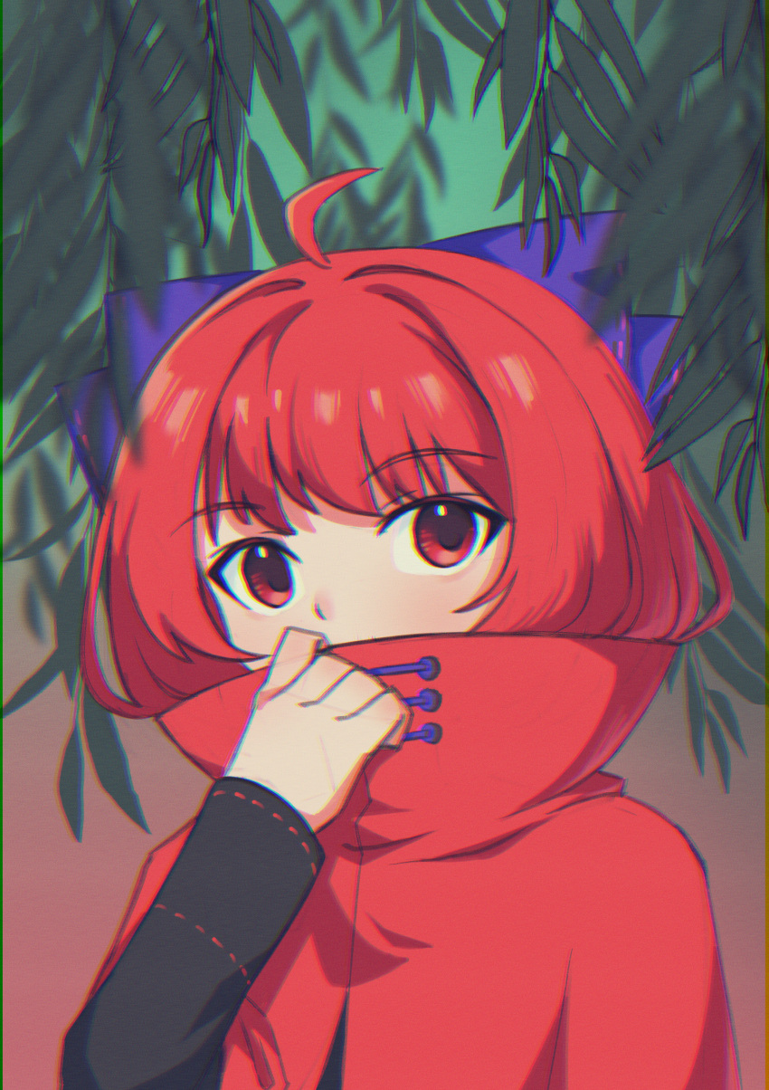 1girl absurdres ahoge blue_bow bow cloak collar_tug commentary_request covered_mouth double_dealing_character gradient_background hair_bow high_collar highres leaf long_sleeves looking_at_viewer punidayo red_cloak red_eyes red_hair sekibanki short_hair solo touhou upper_body