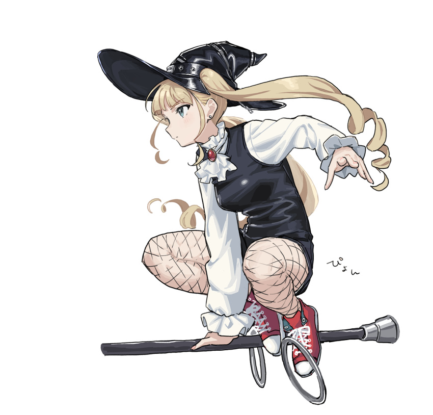 1girl ascot black_hat black_leotard blonde_hair breasts brooch closed_mouth drill_hair fishnet_pantyhose fishnets full_body hat highres jewelry leotard long_hair long_sleeves medium_breasts pantyhose project:anemone red_footwear shirt shoes simple_background sneakers solo staff staff_riding teshima_nari twin_drills white_ascot white_background white_shirt witch witch_hat zipper