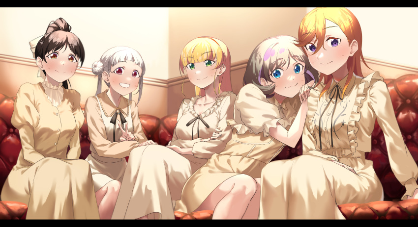 5girls absurdres arashi_chisato black_hair black_ribbon blonde_hair blue_eyes blunt_bangs breasts brown_eyes closed_mouth collarbone collared_dress commentary_request double_bun dress frilled_dress frills green_eyes grey_hair hair_bun hand_on_another's_shoulder hazuki_ren heanna_sumire highres indoors leaning_on_person long_hair long_sleeves looking_at_viewer love_live! love_live!_superstar!! medium_breasts medium_hair multiple_girls neck_ribbon oikakeru_yume_no_saki_de orange_hair ponytail puffy_long_sleeves puffy_short_sleeves puffy_sleeves purple_eyes red_eyes repurika ribbon shibuya_kanon short_hair short_sleeves sidelocks sitting smile tang_keke upper_body v yellow_dress