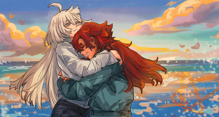 2girls ahoge blue_jacket blue_sky closed_eyes cloud commentary grey_eyes gundam gundam_suisei_no_majo highres horizon hug jacket jewelry kita_no_shinya long_hair long_sleeves miorine_rembran multiple_girls ocean outdoors parted_lips red_hair ring shirt sky smile suletta_mercury thick_eyebrows upper_body wedding_ring white_hair white_shirt wife_and_wife yuri