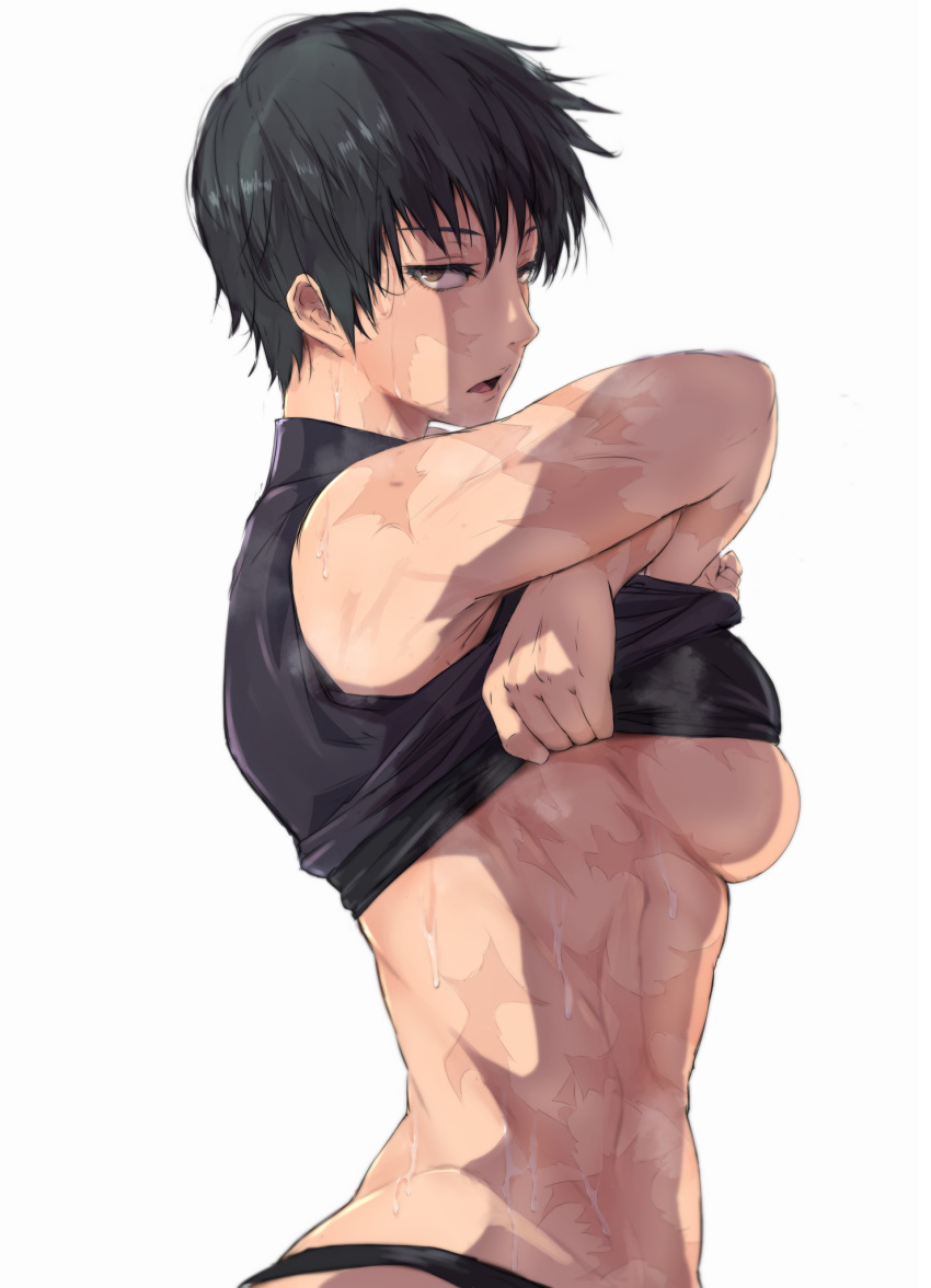 1girl alpha-type black_hair black_shirt breasts brown_eyes burn_scar clothes_lift commentary_request crossed_arms grey_background highres jujutsu_kaisen large_breasts lifted_by_self looking_at_viewer looking_to_the_side muscular open_mouth scar scar_on_arm scar_on_face shirt shirt_lift short_hair simple_background sleeveless sleeveless_shirt solo steaming_body sweat tomboy too_many too_many_scars zen'in_maki