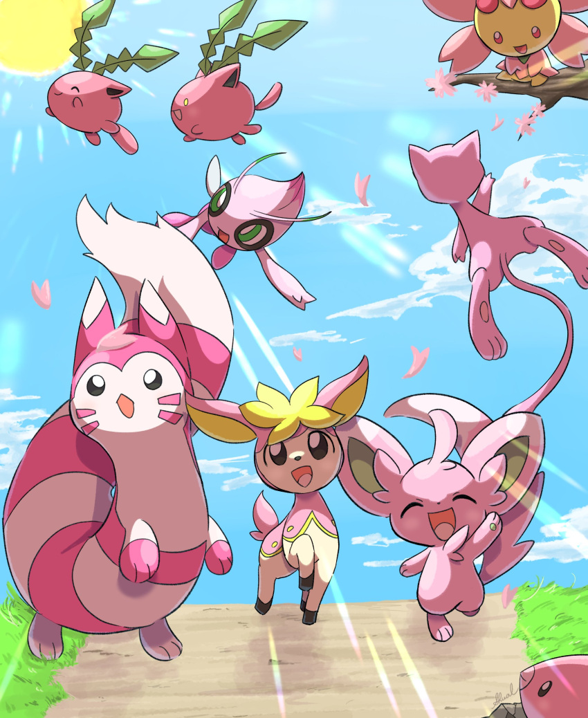 :d ^_^ absurdres alternate_color animal_focus blue_sky celebi cherrim cherry_blossoms closed_eyes closed_mouth cloud colored_skin commentary_request deerling deerling_(spring) fairy_wings falling_petals flying furret grass green_eyes highres hoppip luvdisc mew_(pokemon) minccino no_humans open_mouth outdoors petals pink_fur pink_skin pink_theme pokemon pokemon_(creature) road shiny_pokemon shual3734 sitting sitting_on_branch sky smile sun sunlight tail two-tone_fur white_fur wings yellow_eyes