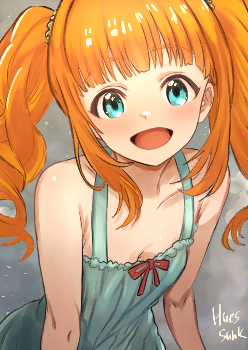 1girl aqua_dress bare_shoulders blush breasts cleavage collarbone domdom dress highres idolmaster idolmaster_(classic) idolmaster_million_live! looking_at_viewer orange_hair sidelocks signature sleeveless sleeveless_dress small_breasts smile solo takatsuki_yayoi twintails wavy_hair