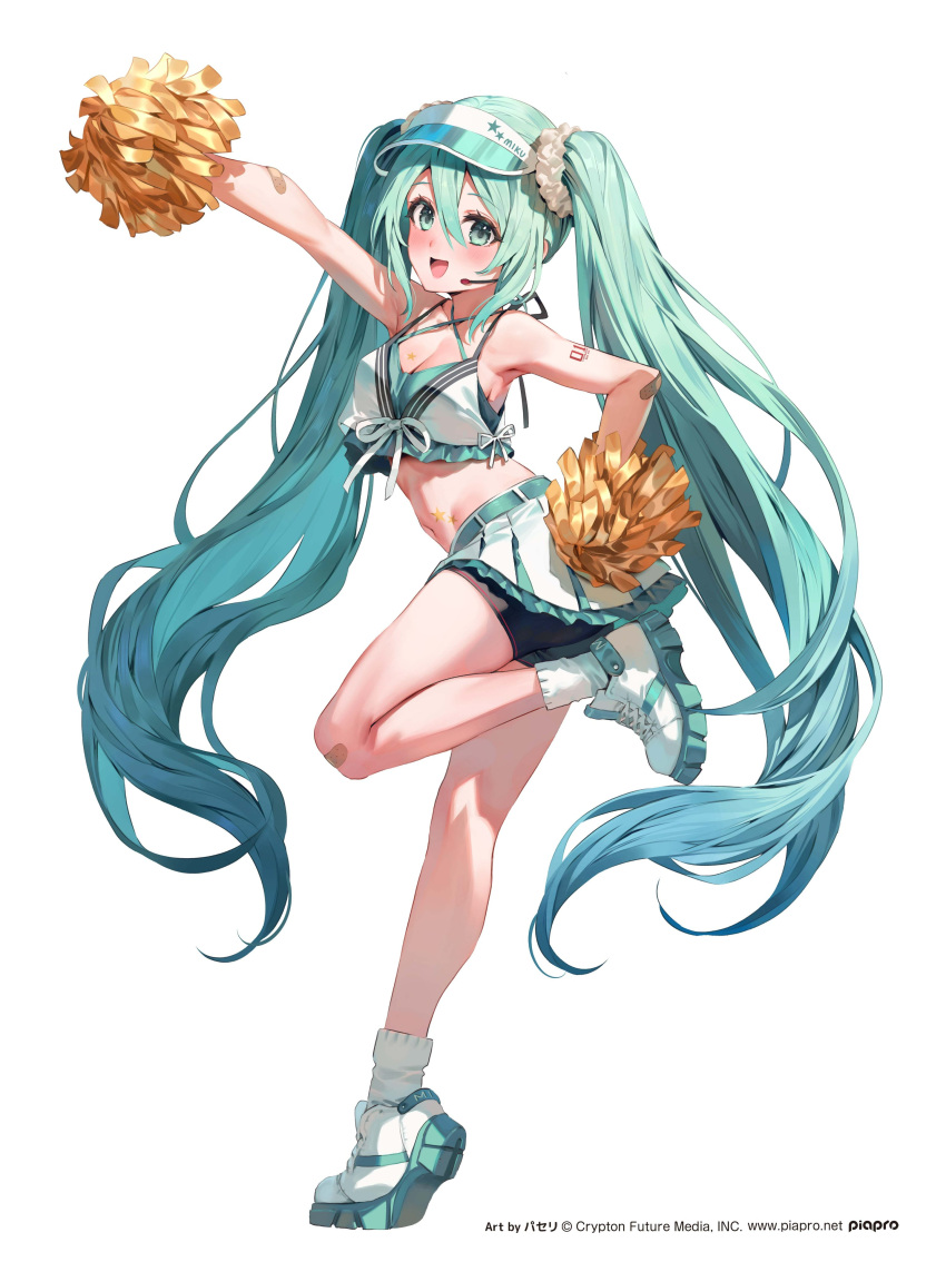 1girl absurdres aqua_eyes aqua_hair arm_up bandaid bandaid_on_arm bandaid_on_neck banned_artist belt black_shorts bra copyright_notice criss-cross_straps crypton_future_media frilled_bra frills hair_ornament hair_scrunchie hand_on_own_hip hatsune_miku hatsune_miku_fashion_figure headset highres holding holding_pom_poms long_hair looking_at_viewer miniskirt official_art open_mouth outstretched_arm parsley-f piapro pleated_skirt pom_pom_(cheerleading) scrunchie second-party_source shoes short_shorts shorts shorts_under_skirt skirt smile sneakers solo sports_bra standing standing_on_one_leg taito tiptoes twintails underwear very_long_hair vocaloid white_background white_bra white_footwear white_scrunchie white_skirt