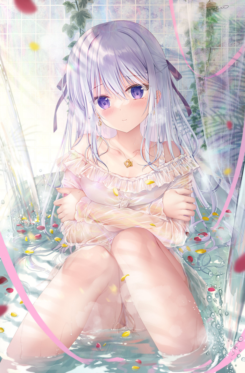 1girl bathtub breasts clothed_bath crossed_arms dress hair_ribbon highres hiiraki_asuka jewelry light_smile long_sleeves looking_at_viewer necklace original partially_submerged piercing purple_eyes ribbon see-through sitting solo sousouman water wet white_hair