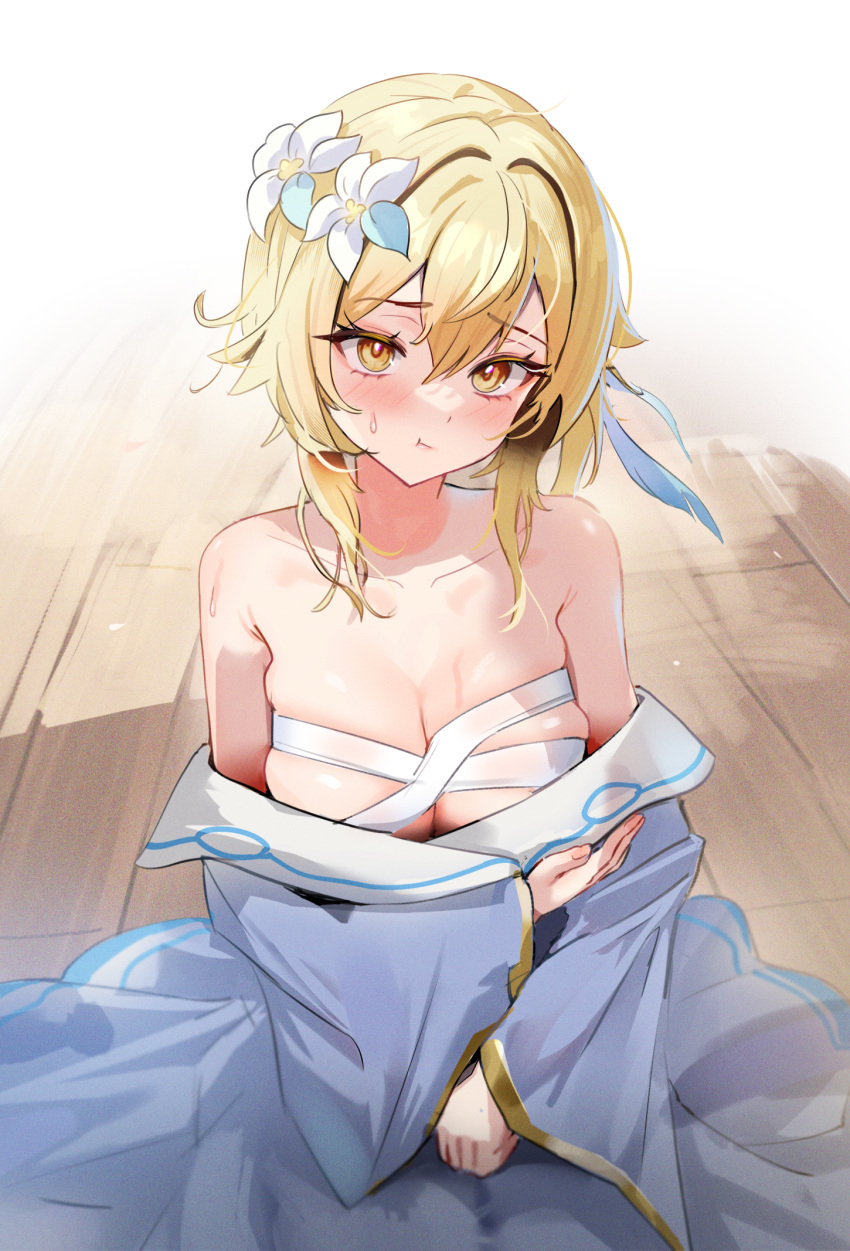 1girl :t bandages bare_shoulders blonde_hair blush chest_sarashi commentary desire_(tbot7) flower genshin_impact hair_flower hair_intakes hair_ornament highres looking_at_viewer lumine_(genshin_impact) off_shoulder sarashi short_hair solo white_flower wooden_floor yellow_eyes