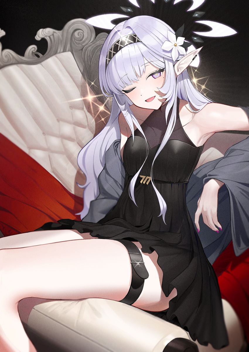 1girl alternate_costume belt black_dress black_hairband blue_archive blush breasts collarbone dress feet_out_of_frame flower grey_hair hair_flower hair_ornament hairband halo highres himari_(blue_archive) long_hair looking_at_viewer mole mole_under_eye one_eye_closed open_mouth pointy_ears purple_eyes purple_halo sitting sleeveless sleeveless_dress small_breasts smile solo striped_clothes striped_hairband thigh_belt thigh_strap white_flower zanya_000