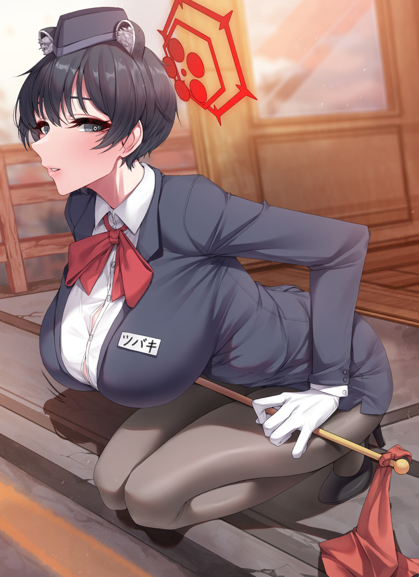 1girl akchu animal_ear_fluff animal_ears black_footwear black_hair blue_archive blush bow bowtie breasts bursting_breasts commentary_request garrison_cap gloves grey_eyes halo hat high_heels highres jacket lapels large_breasts leaning_forward looking_at_viewer name_tag official_alternate_costume pantyhose parted_lips pencil_skirt raccoon_ears red_bow red_bowtie short_hair skirt solo squatting suit_jacket translation_request tsubaki_(guide)_(blue_archive) white_gloves