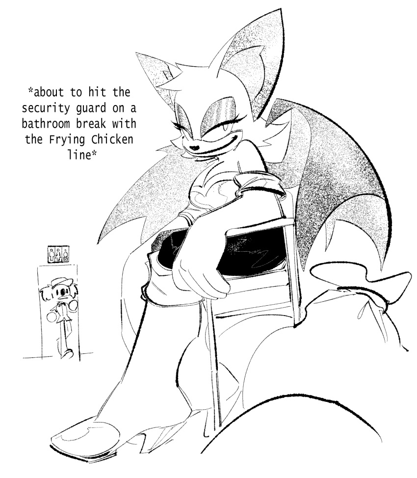 2024 absurd_res ambiguous_gender bat breasts chair cleavage clothed clothing english_text female furniture greyscale hi_res koala mammal marsupial monochrome rouge_the_bat sega sitting smug sonic_the_hedgehog_(series) text the-hydroxian trash_bag vombatiform wings