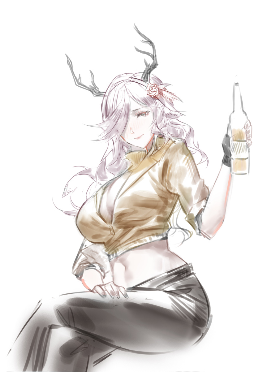 1girl absurdres antlers aqua_eyes arknights black_pants bottle breasts bright_pupils closed_mouth coldshot_(arknights) crop_top cropped_jacket crossed_legs feet_out_of_frame glass_bottle hair_ornament hair_over_one_eye hand_on_own_leg hand_up highres holding holding_bottle horns invisible_chair jacket light_smile long_hair looking_at_viewer messy_hair midriff muted_color navel one_eye_covered pants pink_hair simple_background sitting sketch sleeves_past_elbows solo white_background white_pupils yellow_jacket yiyanbanshengchou