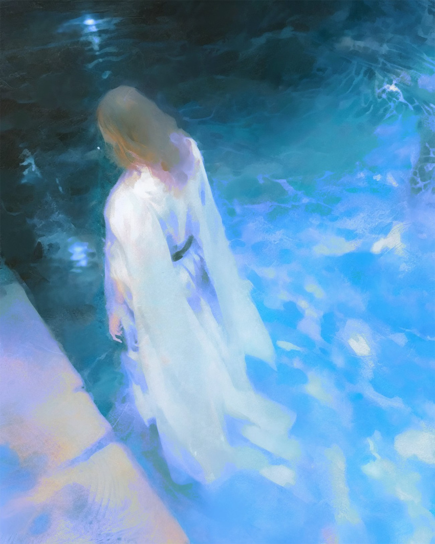 1other ambiguous_gender androgynous blue_theme brown_hair dress facing_away faux_traditional_media from_above from_behind highres long_hair long_sleeves medium_hair original outdoors painterly robe sash solo standing traditional_media wading water white_robe yuming_li