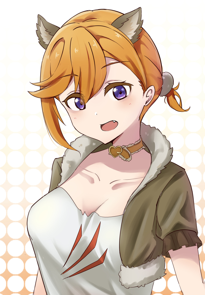 1girl absurdres alternate_hairstyle animal_ears breasts brown_choker brown_jacket choker cleavage collarbone commentary_request cropped_jacket extra_ears fang halloween highres jacket looking_at_viewer love_live! love_live!_superstar!! medium_breasts open_mouth orange_hair purple_eyes shibuya_kanon shirt short_ponytail short_sleeves single_sidelock solo upper_body white_background white_shirt wolf_ears yzlkun