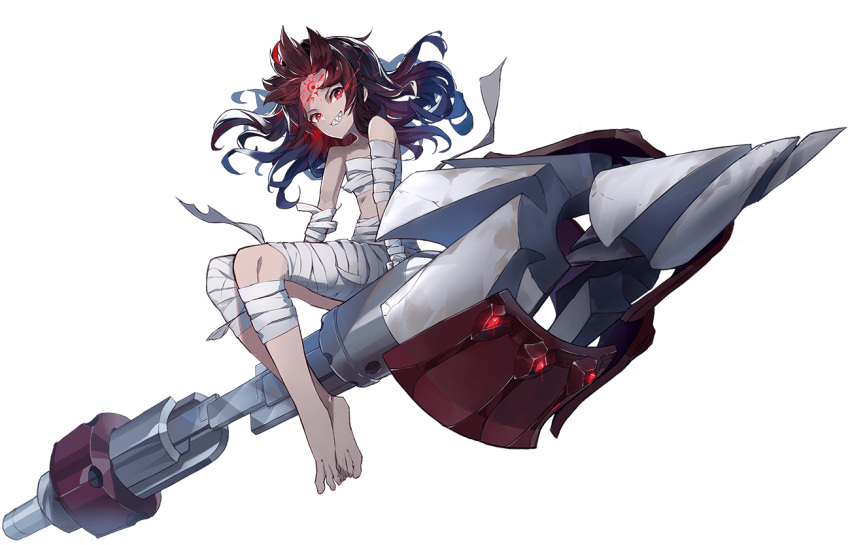 1girl ares_(ark_order) ark_order bandages bare_shoulders black_hair colored_skin facial_mark forehead forehead_mark full_body grey_skin grin kzhu long_hair looking_at_viewer multicolored_hair official_art red_eyes riding sharp_teeth sidelocks sitting smile solo streaked_hair tachi-e teeth transparent_background