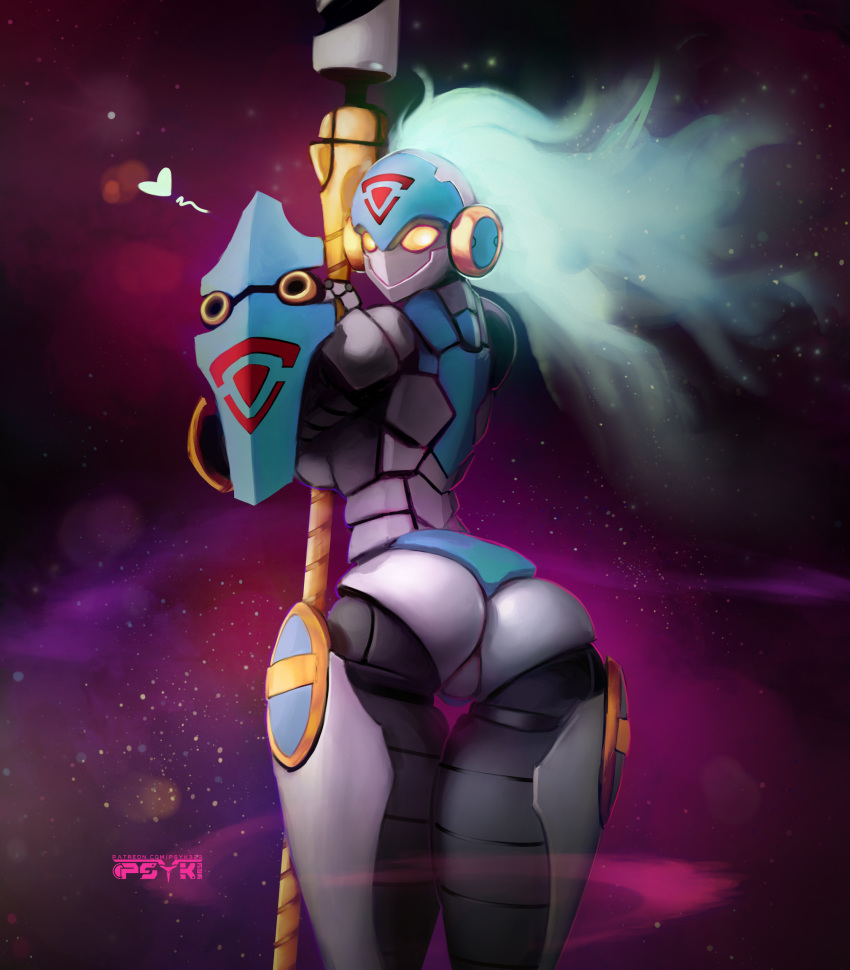 &lt;3 absurd_res armor blue_hair breasts butt character_request female flame_hair green_hair hair helmet hi_res humanoid long_hair looking_back machine melee_weapon not_furry polearm psyk323 rear_view robot shield smile solo spear standing teal_hair tengen_toppa_gurren_lagann weapon yellow_eyes