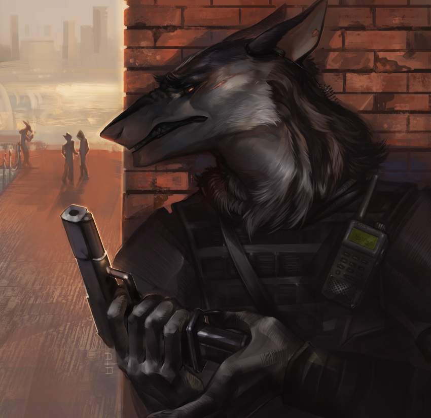 2018 black_hair deadro detailed_background digital_media_(artwork) group gun hair holding_object holding_weapon ranged_weapon sergal solo_focus standing weapon