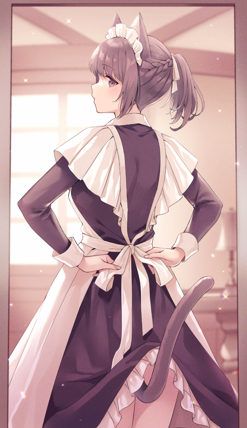1girl animal_ears apron black_dress braid cat_ears cat_girl cat_tail dress e_(eokiba) facing_away french_braid frills from_behind highres indoors lamp legs lifted_by_tail long_sleeves looking_back maid maid_apron maid_headdress mirror original ponytail purple_eyes purple_hair reflection solo table tail tying_apron window
