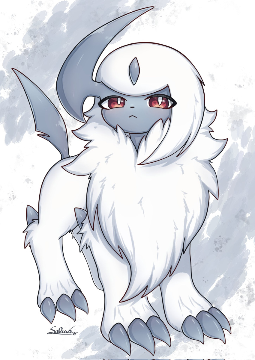 absol animal_focus bright_pupils claws closed_mouth commentary_request forehead_jewel frown grey_background highres horns looking_at_viewer no_humans pokemon pokemon_(creature) red_eyes signature single_horn soruva_359 tail two-tone_background white_background white_fur white_pupils