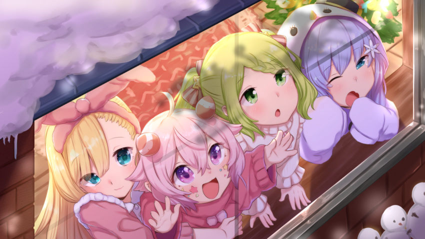 4girls :d :o antennae blonde_hair blue_eyes blue_hair brick_wall christmas_tree dutch_angle elbow_rest facial_mark from_above green_eyes hair_ribbon hands_on_window indoors kio_(yumekuikio) lifting_person long_hair looking_away looking_out_window looking_up mononobe_alice morinaka_kazaki multiple_girls nijisanji one_eye_closed open_mouth pink_eyes pink_hair ribbon rug shadow short_hair sleeves_past_fingers sleeves_past_wrists smile snow snowman snowman_costume sweater twintails ushimi_ichigo very_long_hair virtual_youtuber when_you_see_it window windowsill wooden_floor yawning yuuki_chihiro