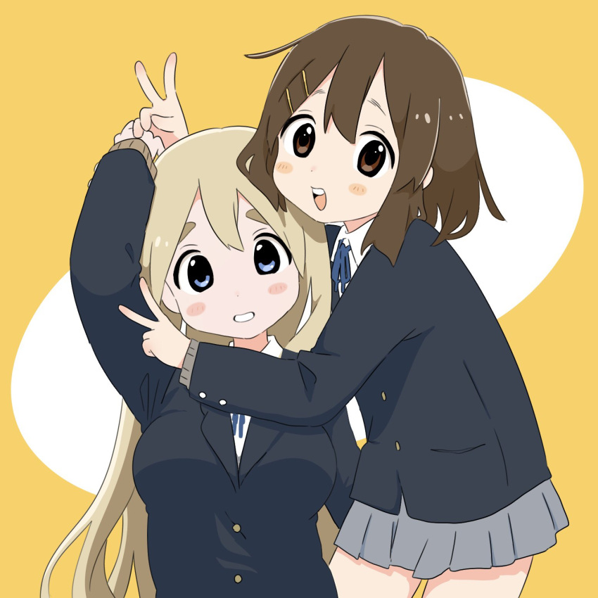 2girls :d blonde_hair blue_eyes blush breasts brown_eyes brown_hair cowboy_shot double_v grin hair_ornament hairclip highres hirasawa_yui hug k-on! kotobuki_tsumugi large_breasts multiple_girls oyasuminaseu sakuragaoka_high_school_uniform school_uniform simple_background smile tareme teeth thick_eyebrows thighs upper_body upper_teeth_only v yellow_background