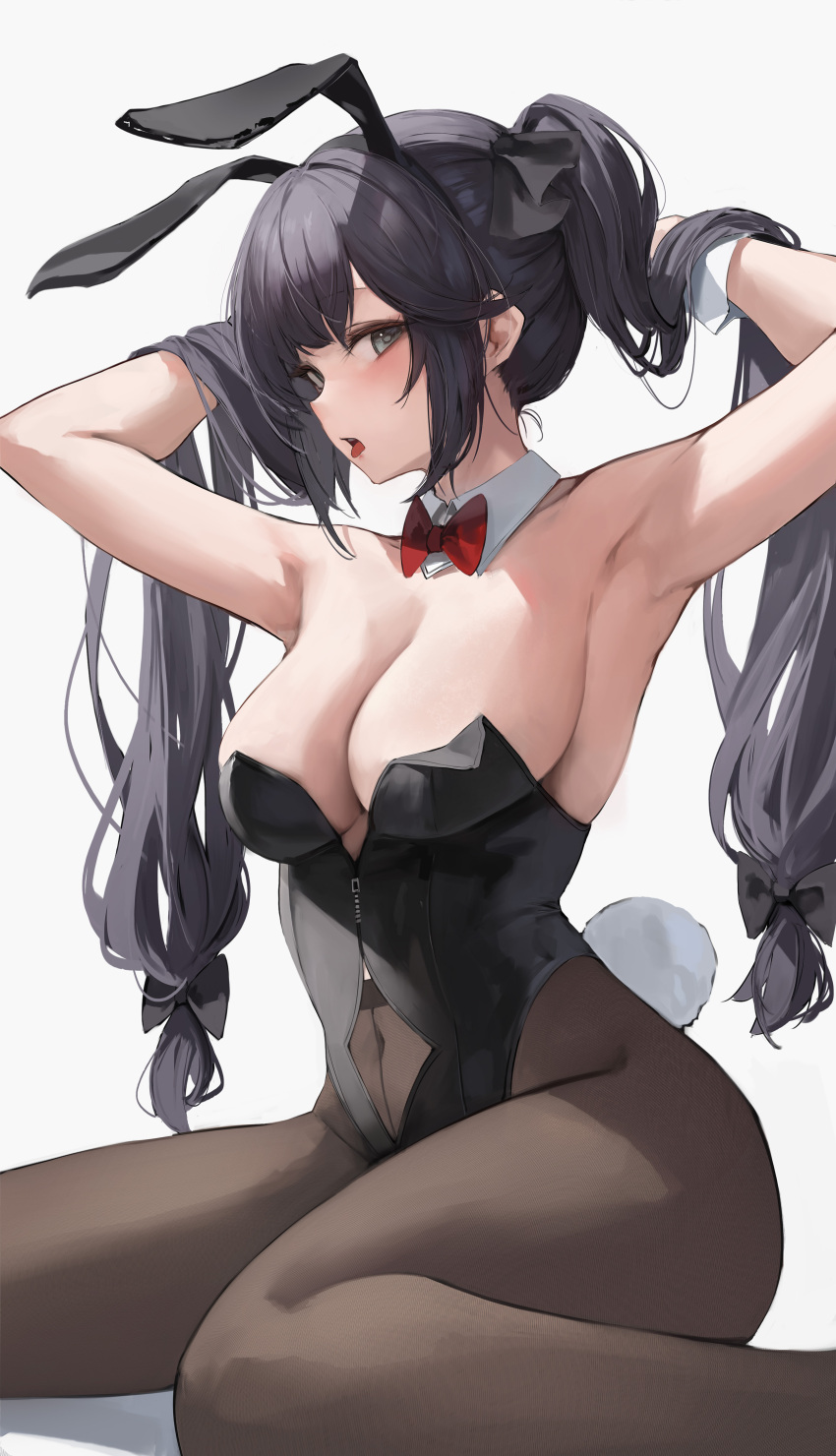 1girl absurdres alternate_costume animal_ears bare_arms bare_shoulders black_hair black_leotard black_pantyhose black_ribbon blush bow bowtie breasts cleavage covered_navel detached_collar fake_animal_ears fake_tail genshin_impact grey_eyes hair_ribbon hands_in_hair highres large_breasts leotard leviathan_(hikinito0902) long_hair looking_at_viewer mona_(genshin_impact) open_mouth pantyhose playboy_bunny rabbit_ears rabbit_tail red_bow red_bowtie ribbon simple_background sitting solo strapless strapless_leotard tail thighs tongue tongue_out twintails wariza white_background wrist_cuffs