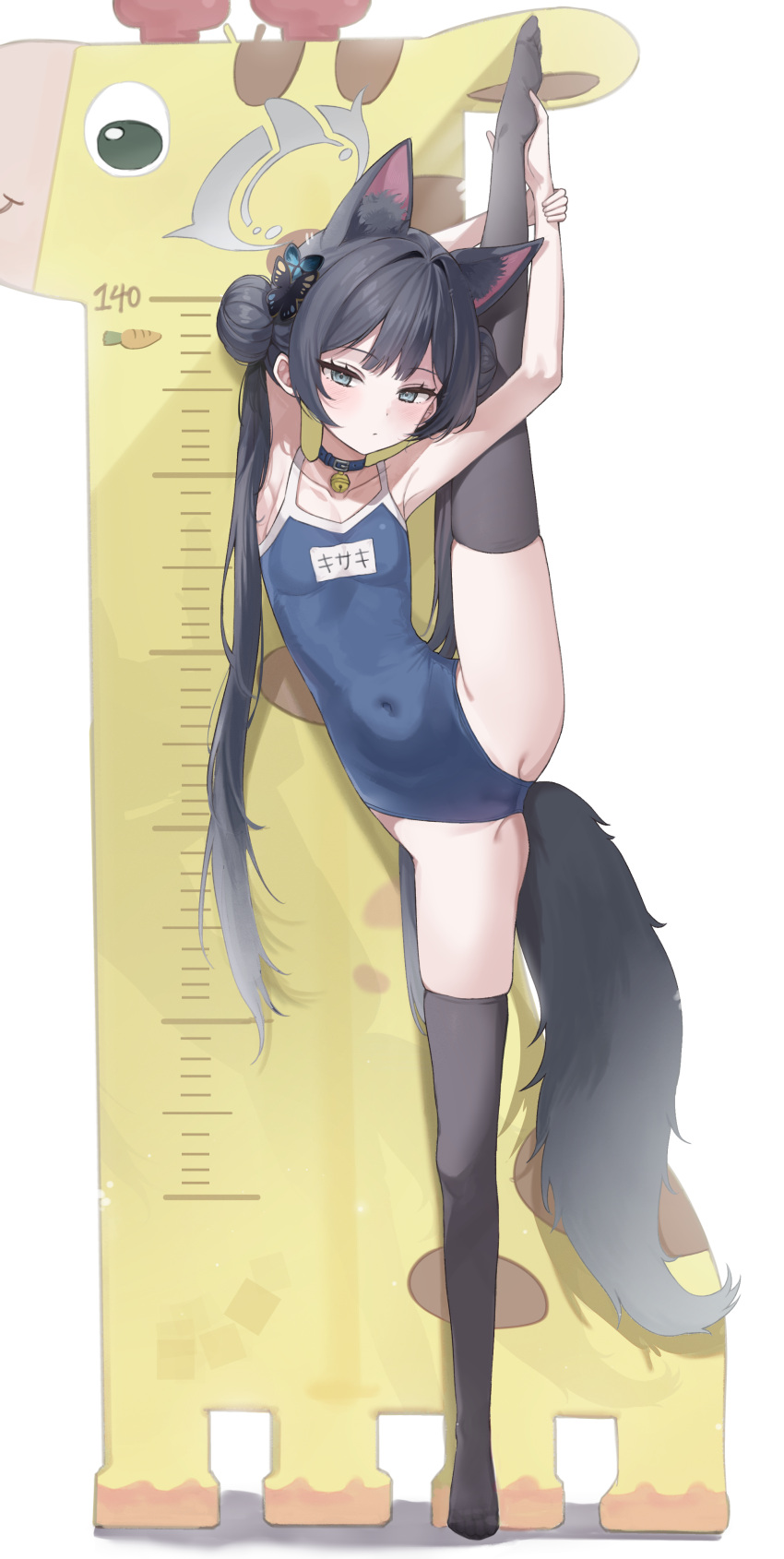 1girl 2k_(tldntkfkdro) absurdres animal_ear_fluff animal_ears ass bare_arms bare_shoulders bell black_choker black_hair black_thighhighs blue_archive blue_one-piece_swimsuit blush breasts butterfly_hair_ornament choker closed_mouth double_bun extra_ears full_body grey_eyes grey_halo hair_bun hair_ornament halo highres kisaki_(blue_archive) long_hair looking_at_viewer name_tag neck_bell one-piece_swimsuit school_swimsuit simple_background small_breasts solo swimsuit tail thighhighs twintails white_background