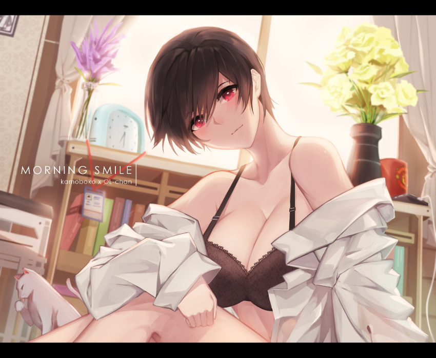 alarm_clock bangs bare_shoulders black_bra book bookshelf bra breasts brown_hair cat cellphone charging cleavage clock closed_mouth clothes_down collarbone collared_shirt commentary curtains english_commentary flower head_tilt id_card indoors kamoboko lace lace_bra lanyard large_breasts licking_paw long_sleeves looking_at_viewer morning name_tag off_shoulder office_lady ol-chan_(norman_maggot) open_clothes original painttool_sai phone pixie_cut plant red_eyes shirt short_hair sitting smartphone solo underwear white_cat white_shirt window