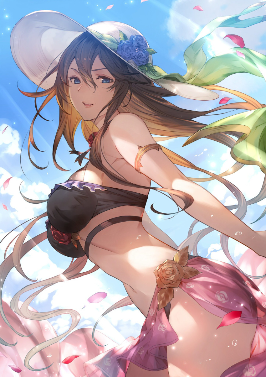armlet bikini black_bikini blue_eyes blue_sky breasts brown_hair cloud cloudy_sky commentary_request contrapposto cowboy_shot day dutch_angle flower from_side granblue_fantasy hair_between_eyes hat hat_flower highres kakage long_hair looking_at_viewer medium_breasts outdoors parted_lips petals rosetta_(granblue_fantasy) sarong sidelocks sky smile solo standing sun_hat sunlight swimsuit very_long_hair