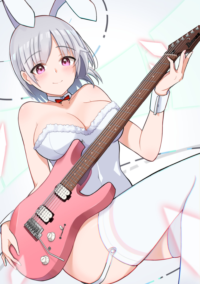 animal_ears bangs bare_shoulders blush breasts bunny_ears bunny_girl bunnysuit cleavage closed_mouth commentary_request eyebrows_visible_through_hair fingernails fur-trimmed_leotard fur_trim garter_straps guitar highres holding holding_instrument ibanez instant_(ioarthus) instrument large_breasts leotard looking_at_viewer nail_polish original pink_nails purple_eyes silver_hair smile solo strapless strapless_leotard thighhighs thighs white_legwear white_leotard wrist_cuffs