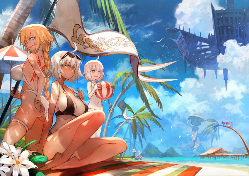6+girls ahoge alternate_costume arjuna_(fate/grand_order) ass back_tattoo bangs beach bikini blonde_hair blue_eyes blurry blurry_background braid breasts caster_(fate/zero) choker cleavage cloud cloudy_sky collarbone commentary_request day fate/grand_order fate_(series) flag flower hat holding holding_flag horizon island jack_the_ripper_(fate/apocrypha) jeanne_d'arc_(alter)_(fate) jeanne_d'arc_(fate) jeanne_d'arc_(fate)_(all) jeanne_d'arc_alter_santa_lily karna_(fate) lack large_breasts leg_garter long_hair looking_at_viewer mash_kyrielight multiple_boys multiple_girls naked_overalls navel nursery_rhyme_(fate/extra) ocean one-piece_swimsuit one_eye_closed open_mouth outdoors overalls palm_tree paul_bunyan_(fate/grand_order) rama_(fate/grand_order) short_hair silver_hair single_braid sitting sky smile standing sun_hat swimsuit tan tattoo tree umbrella wet white_bikini white_choker white_flower white_hair white_swimsuit yellow_eyes
