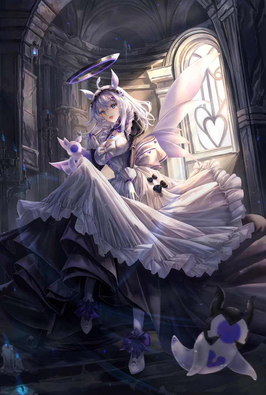 1girl absurdres alternate_costume apron arbiter_the_lovers_vi_(azur_lane) azur_lane back_bow birds-mix black_dress blue_eyes bow breasts candle dress enmaided frilled_apron frills full_body gloves halo highres indoors juliet_sleeves large_breasts layered_dress long_dress long_hair long_sleeves looking_at_viewer maid mechanical_halo open_mouth puffy_sleeves purple_halo siren_(azur_lane) white_apron white_footwear white_gloves white_hair window