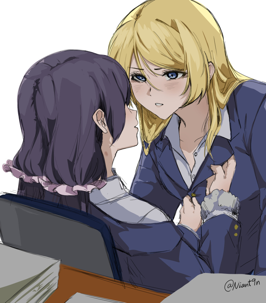 2girls ayase_eli blonde_hair blue_eyes blue_jacket blush collared_shirt commentary english_commentary highres jacket long_hair long_sleeves love_live! love_live!_school_idol_project multiple_girls niant9n open_collar otonokizaka_school_uniform papers parted_lips purple_hair school_uniform shirt simple_background sitting tojo_nozomi twintails twitter_username undressing_another white_background white_shirt yuri