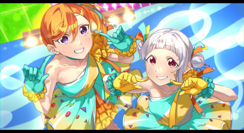 2girls arashi_chisato blunt_bangs choker collarbone commentary_request double_bun dress fingers_to_cheeks frilled_dress frills from_above gloves green_choker green_gloves grey_hair hair_bun highres looking_at_viewer love_live! love_live!_superstar!! multicolored_clothes multicolored_dress multiple_girls orange_hair purple_eyes red_eyes repurika shibuya_kanon single_sidelock smile tokonatsu_sunshine upper_body yellow_gloves