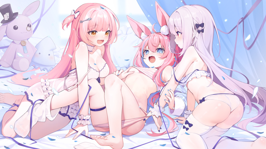 3girls animal_ear_fluff animal_ears ao_jun barefoot black_bow blue_bow blue_eyes blue_nails blush bow bra breasts frilled_bra frills full_body hair_bow hair_ornament hand_in_panties hand_on_another's_chest hands_on_another's_arms holding long_hair looking_at_another medium_breasts multiple_girls open_mouth original pajamas panties petals pink_hair rabbit_ears red_eyes small_breasts socks spoon_hair_ornament striped_bra striped_clothes striped_panties stuffed_animal stuffed_rabbit stuffed_toy thigh_bow thigh_strap thighhighs underwear vertical-striped_bra vertical-striped_clothes vertical-striped_panties very_long_hair white_pajamas white_socks white_thighhighs yellow_eyes yuri