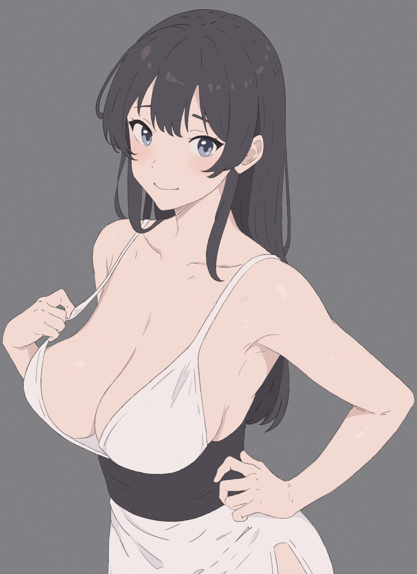 1girl absurdres artist_request bare_arms bare_shoulders black_hair blue_eyes blush breasts cleavage closed_mouth collarbone commentary_request dress grey_background hand_on_own_hip highres large_breasts long_hair looking_at_viewer original pulled_by_self shiny_skin simple_background smile upper_body