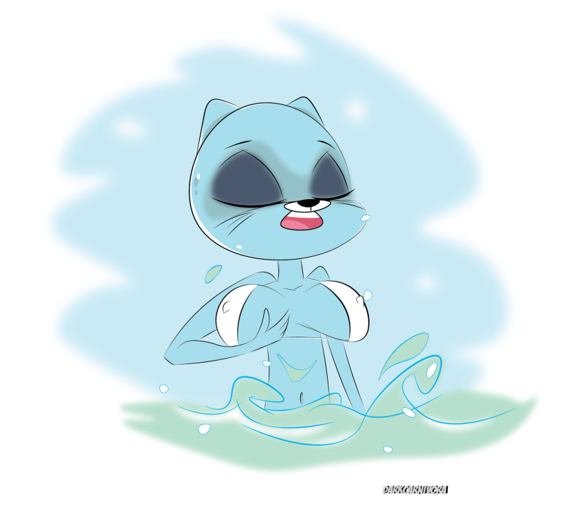 anthro bikini blue_fur breasts cartoon_network clothed clothing darkcarnivora_(artist) eyes_closed feline female fur mammal mature_female navel nicole_watterson nipple_bulge open_mouth sea solo swimming swimsuit the_amazing_world_of_gumball water whiskers