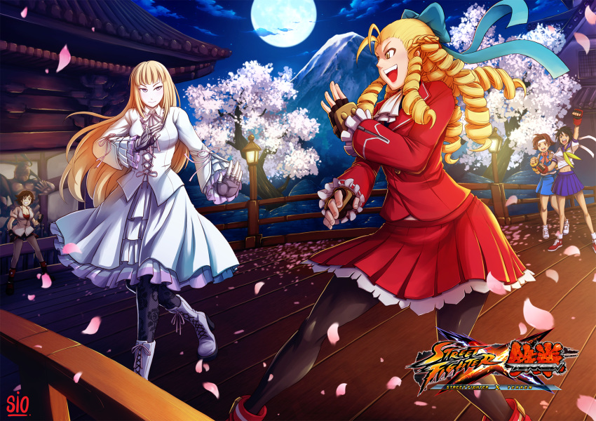 antenna_hair bike_shorts blonde_hair blue_eyes blue_sailor_collar boots breasts brown_eyes brown_hair bun_cover buruma capcom dougi dress drill_hair elbow_pads employee_uniform fingerless_gloves forehead frilled_dress frills gloves hair_pulled_back headband highres hime_cut jumpsuit justice_gakuen kanzuki_karin kasugano_sakura kazama_asuka knee_boots lili_(tekken) long_hair multiple_girls namco red_buruma red_sailor_collar ringlets sailor_collar school_uniform serafuku shoes short_hair shorts shorts_under_skirt si-o skirt sneakers sports_bra street_fighter street_fighter_x_tekken taut_clothes tekken tomboy underwear uniform unzipped wakaba_hinata white_skirt