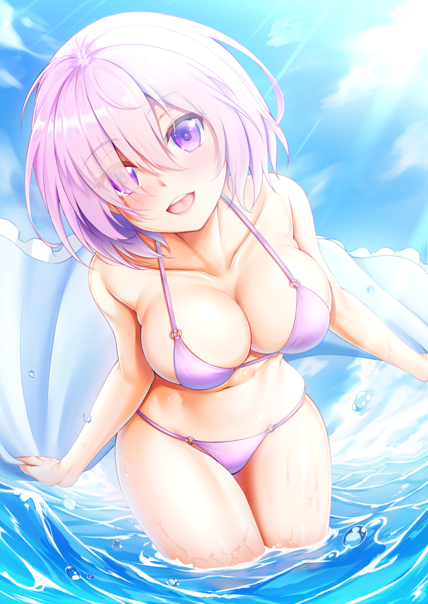 :d bare_arms bare_shoulders bikini blue_sky blush breasts cleavage cloud collarbone commentary_request day dutch_angle eyes_visible_through_hair fate/grand_order fate_(series) hair_over_one_eye highres holding large_breasts leaning_forward looking_at_viewer mash_kyrielight navel o-ring o-ring_bikini o-ring_bottom o-ring_top ocean open_mouth outdoors pink_hair purple_bikini purple_eyes round_teeth short_hair sky smile solo sunlight swimsuit teeth upper_teeth wading water water_drop wet zuizhong