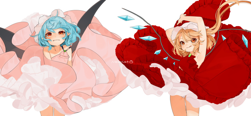 :q alternate_costume armpits arms_up bare_arms bare_shoulders bat_wings blonde_hair blue_hair brooch clenched_teeth cowboy_shot crystal dress embarrassed eyebrows_visible_through_hair flandre_scarlet gotoh510 hair_between_eyes hat highres jewelry looking_at_viewer mob_cap multiple_girls one_side_up panties pantyshot pantyshot_(standing) petticoat pink_dress pointy_ears red_dress red_eyes remilia_scarlet short_hair siblings simple_background single_stripe sisters smile standing teeth tongue tongue_out touhou underwear white_background white_hat white_panties wings