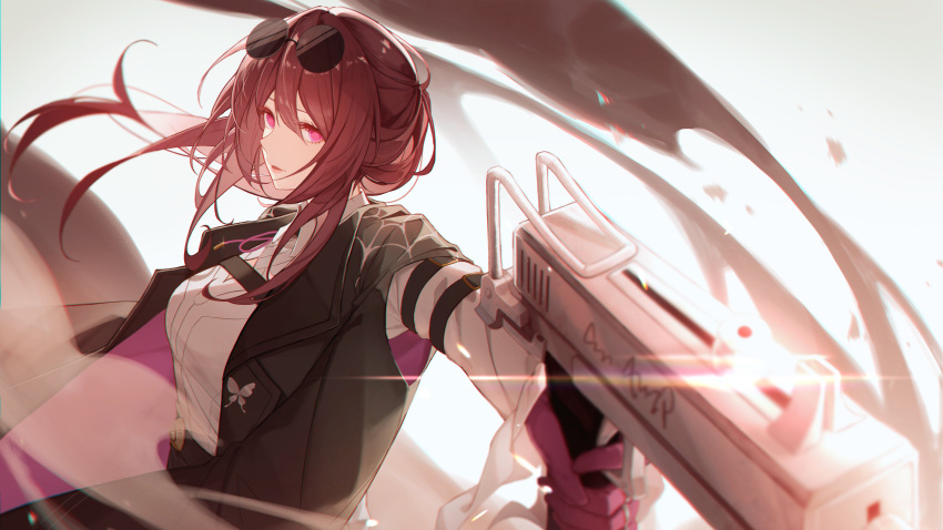1girl absurdres aiming arm_belt belt black_belt black_jacket blurry blurry_foreground cleavage_cutout clothing_cutout eyewear_on_head floating_hair gun hair_between_eyes highres holding holding_gun holding_weapon honkai:_star_rail honkai_(series) jacket jeanbeansprout kafka_(honkai:_star_rail) long_hair looking_at_viewer multiple_belts open_clothes open_jacket outstretched_arm parted_lips ponytail purple_eyes purple_hair round_eyewear shirt sidelocks solo submachine_gun sunglasses upper_body weapon white_background white_shirt