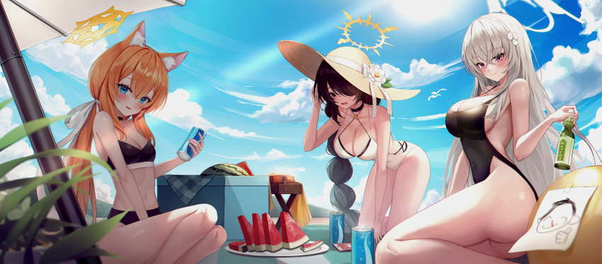 3girls alternate_costume animal_ear_fluff animal_ears ass ball beach beach_towel beachball bikini black_bikini black_choker black_hair black_one-piece_swimsuit blue_archive blue_eyes blue_sky blush braid breasts caba_(caba091) can cellphone choker closed_mouth cloud commentary cooler criss-cross_halter crossed_bangs day doodle_sensei_(blue_archive) drink_can flower food fox_ears fruit grey_hair hair_between_eyes hair_flower hair_ornament hair_over_one_eye hair_ribbon hairband halo halterneck highres hinata_(blue_archive) kneeling large_breasts looking_at_viewer low_ponytail mari_(blue_archive) multiple_girls navel official_alternate_costume one-piece_swimsuit open_mouth orange_hair outdoors phone purple_eyes ramune red_eyes ribbon sakurako_(blue_archive) sand sensei_(blue_archive) side_braid sisterhood_(blue_archive) sitting sky small_breasts smartphone smile soda_can stomach sun sunlight swept_bangs swimsuit towel watermelon watermelon_slice wavy_mouth white_hairband white_one-piece_swimsuit white_ribbon