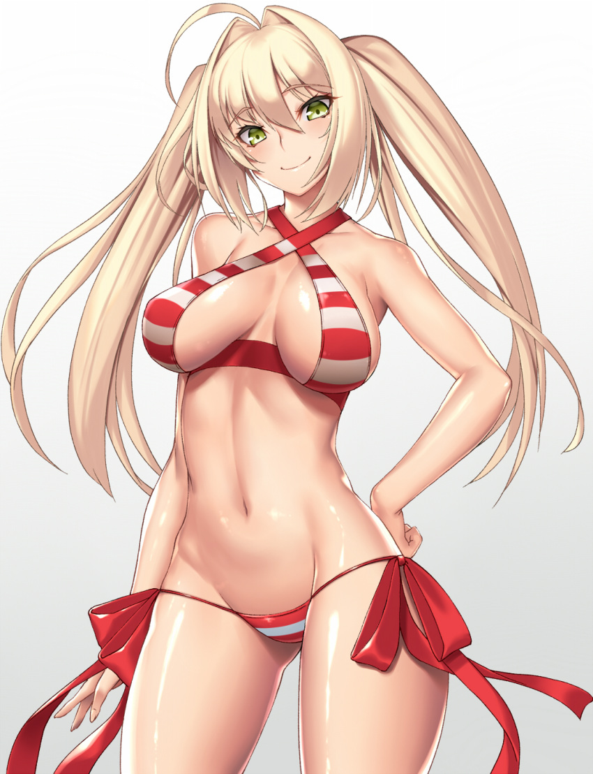 ahoge arm_at_side bangs bikini blonde_hair breasts closed_mouth collarbone cowboy_shot criss-cross_halter eyebrows_visible_through_hair fate/grand_order fate_(series) green_eyes groin hair_between_eyes hair_intakes halterneck hand_on_hip highres large_breasts legs_apart looking_at_viewer lowleg lowleg_bikini navel nero_claudius_(fate)_(all) nero_claudius_(swimsuit_caster)_(fate) side-tie_bikini smile solo stomach striped striped_bikini swimsuit takanashi-a twintails