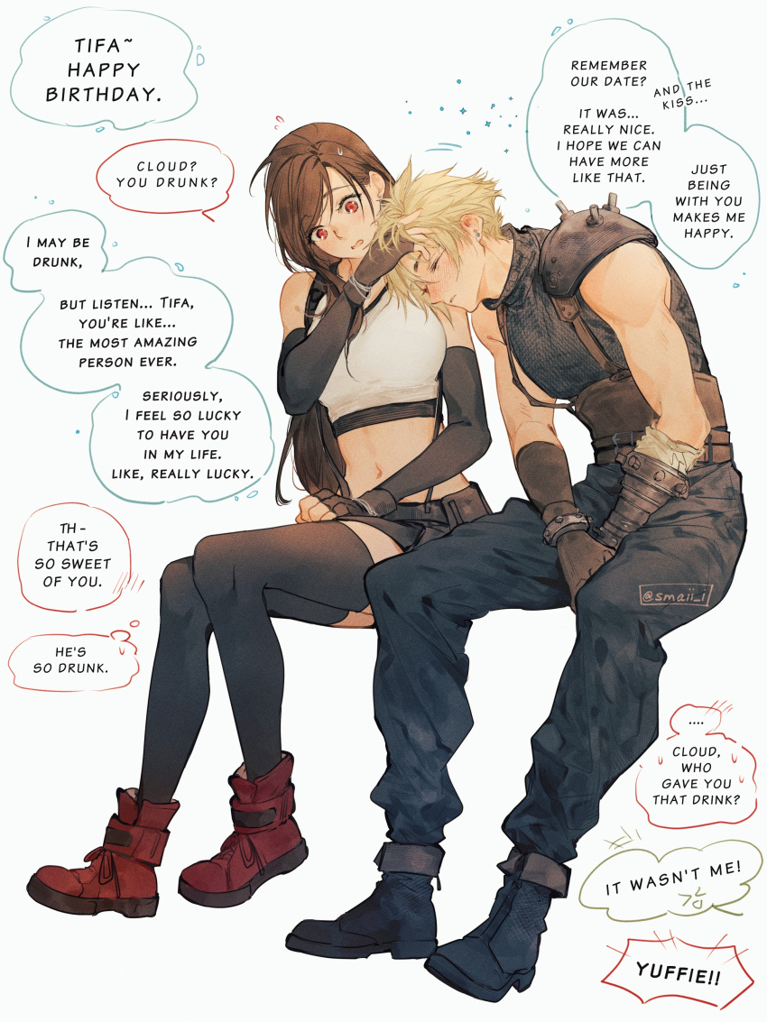 1boy 1girl absurdres armor baggy_pants bare_shoulders birthday black_footwear black_gloves black_hair black_skirt black_thighhighs blonde_hair blush boots bracelet closed_eyes cloud_strife couple crop_top drunk earrings english_text final_fantasy final_fantasy_vii final_fantasy_vii_rebirth final_fantasy_vii_remake fingerless_gloves full_body gloves hand_on_another's_head happy_birthday head_on_another's_shoulder highres invisible_chair jewelry long_hair looking_at_another maiii_(smaii_i) midriff navel open_mouth pants red_eyes red_footwear short_hair shoulder_armor simple_background single_bare_shoulder single_earring sitting skirt sleeveless sleeveless_turtleneck speech_bubble spiked_hair stud_earrings suspender_skirt suspenders sweater swept_bangs tank_top text_focus thighhighs tifa_lockhart turtleneck turtleneck_sweater twitter_username white_tank_top zettai_ryouiki