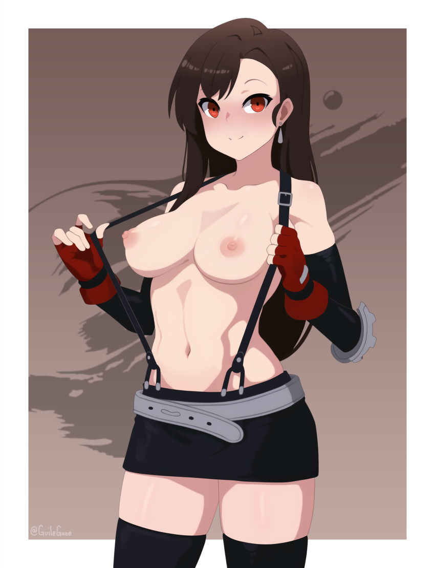 1girl absurdres belt black_skirt black_thighhighs border breasts brown_hair closed_mouth collarbone cowboy_shot earrings elbow_pads final_fantasy final_fantasy_vii final_fantasy_vii_remake fingerless_gloves gloves guilegaze highres jewelry large_breasts long_hair looking_at_viewer miniskirt navel red_eyes red_gloves skirt smile solo stomach suspender_skirt suspenders thighhighs tifa_lockhart topless very_long_hair white_border