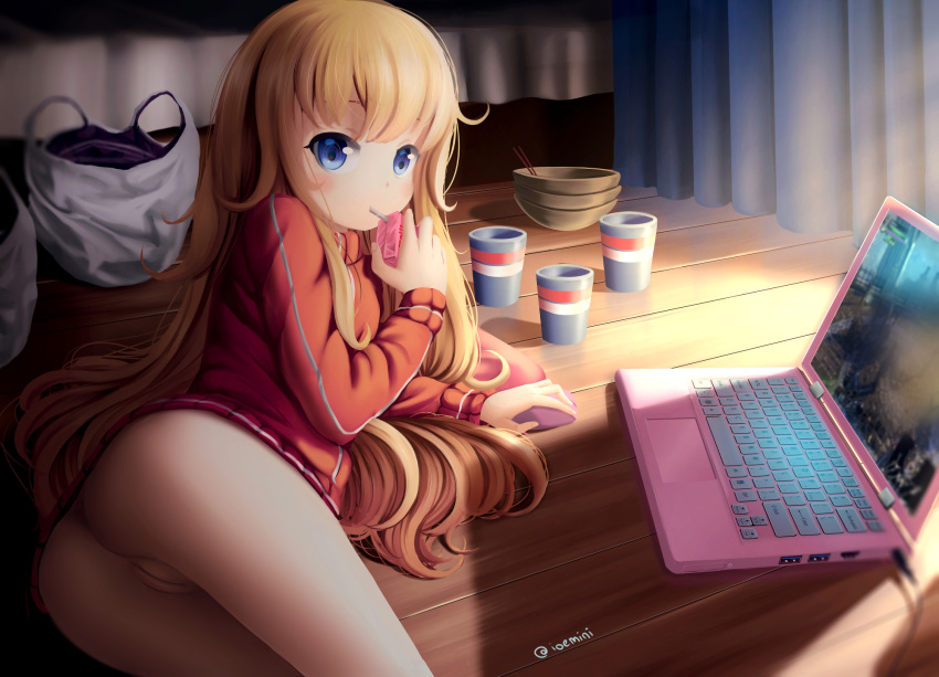 ahoge ass bag bed blonde_hair blue_eyes blush_stickers bowl commentary computer cup curtains disposable_cup dkoro drinking english_commentary gabriel_dropout highres jacket juice_box laptop long_hair long_sleeves looking_back lying messy_hair mouse_(computer) no_panties on_floor on_side plastic_bag pussy signature solo tenma_gabriel_white thighs track_jacket twitter_username video_game wooden_floor