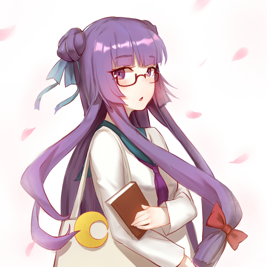 absurdres alternate_costume bag bangs bespectacled blue_ribbon blunt_bangs blush book bow breasts chinese_commentary commentary_request contemporary crescent crescent_moon_pin double_bun eyebrows_visible_through_hair glasses hair_bow hair_ribbon highres holding holding_book long_hair long_sleeves looking_at_viewer no_hat no_headwear parted_lips patchouli_knowledge petals purple_hair purple_neckwear red-framed_eyewear red_bow ribbon sailor_collar school_uniform serafuku sidelocks simple_background small_breasts sndbr solo touhou upper_body very_long_hair white_background white_serafuku