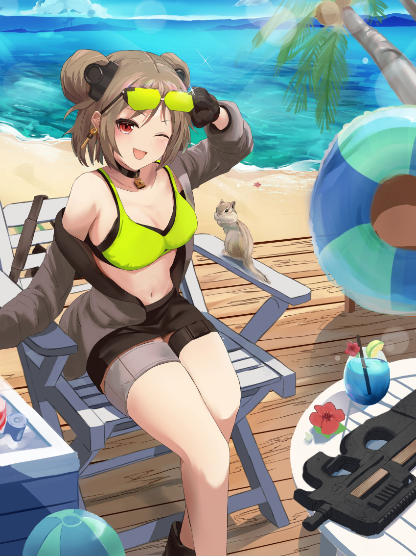 1girl absurdres ball beach beachball blush breasts bullpup collarbone commission day double_bun english_commentary eyewear_on_head feet_out_of_frame girls'_frontline gloves green-tinted_eyewear gun hair_bun highres inflatable_toy jacket light_brown_hair looking_at_viewer medium_breasts ocean one_eye_closed open_mouth outdoors p90 p90_(girls'_frontline) palm_tree red_eyes smile snnm_hb solo squirrel stomach submachine_gun sunglasses tinted_eyewear tree weapon