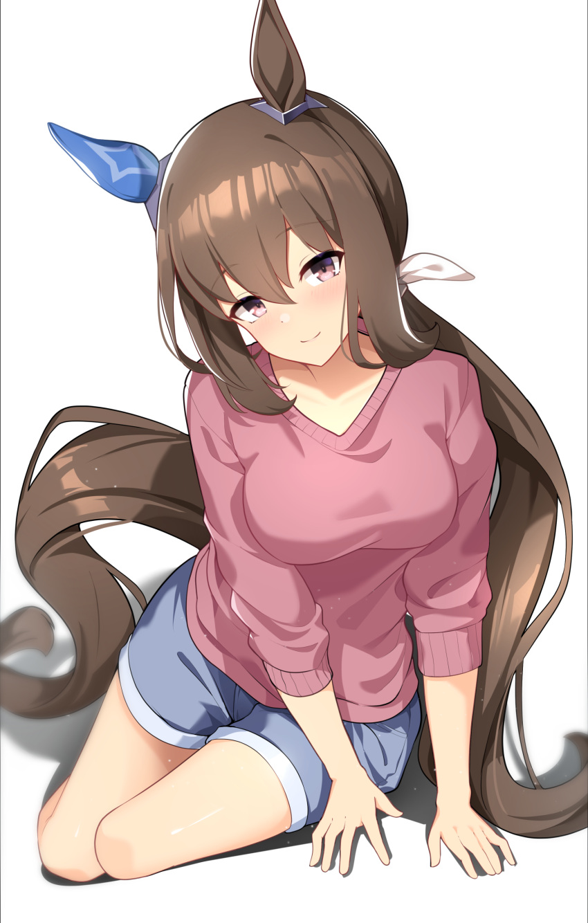 1girl absurdres admire_vega_(umamusume) alternate_costume animal_ears arm_support blue_shorts breasts brown_hair closed_mouth commentary_request dot_nose ear_covers highres horse_ears horse_girl horse_tail long_hair looking_at_viewer low_ponytail medium_breasts pink_sweater red_eyes shorts simple_background single_ear_cover sitting sleeves_rolled_up smile solo sunny_(20597521) sweater tail thighs umamusume white_background yokozuwari