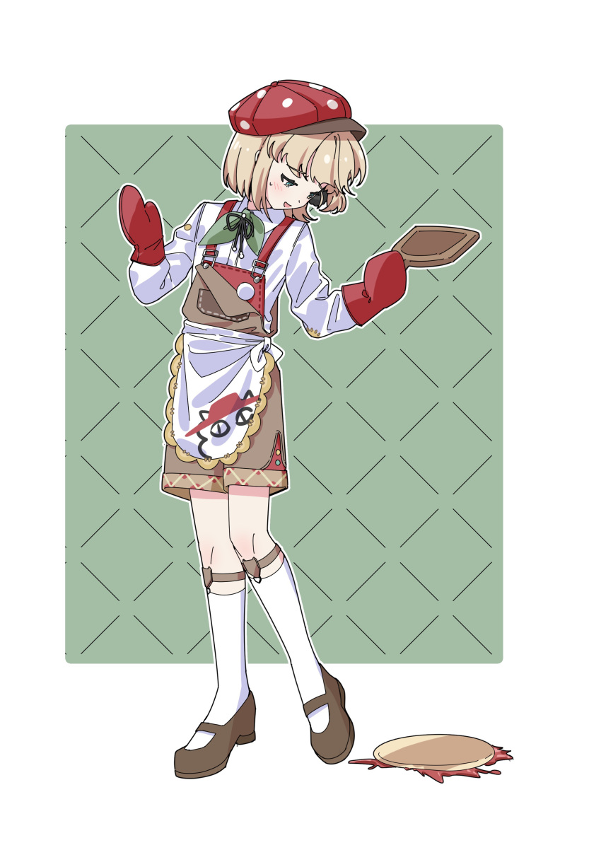 1boy :d absurdres apron aqua_bow aqua_bowtie bishounen black_footwear blonde_hair blue_eyes bob_cut bow bowtie brown_shorts clumsy collared_shirt ezra_theodore fallen_down food frying_pan full_body green_background hands_up hat head_down heel_up highres holding holding_frying_pan kneehighs legwear_garter looking_down male_focus mary_janes mittens official_alternate_costume oven_mitts overall_shorts overalls pizza pizza_hut polka_dot_headwear red_hat red_mittens reverse:1999 sanjuqing'an shirt shoes shorts smile socks solo sweat turning_head two-tone_background waist_apron white_apron white_background white_shirt white_socks