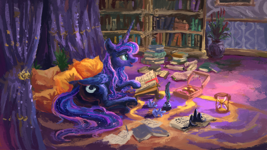 16:9 2018 bed bedroom blue_feathers book bookshelf box butt canopy_bed carpet cosmic_hair crown curtains cute cutie_mark dessert detailed_background digital_media_(artwork) digital_painting_(artwork) doughnut equine eyelashes feathered_wings feathers female feral food friendship_is_magic hair hi_res hooves hourglass inkwell inside long_hair loose_feather lying mammal messy my_little_pony nude on_bed on_side open_mouth open_smile pegasus picture_frame pillow plainoasis plant portrait potted_plant princess_luna_(mlp) quill reading royalty smile solo teal_eyes tongue wallpaper wings